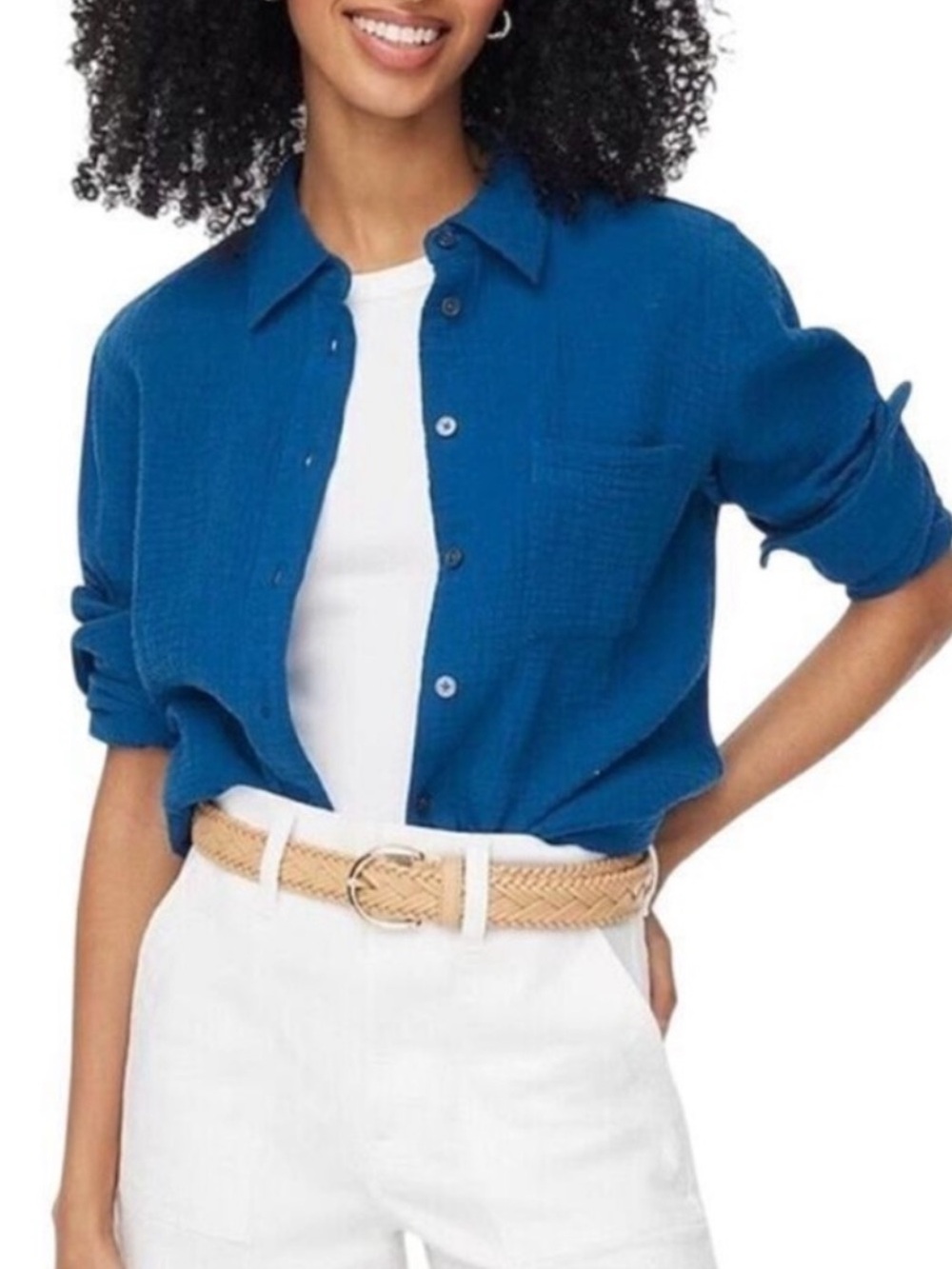 J. Crew Blue 100% cotton double-gauze button-up shirt Medium NWT Beach Boho Chic